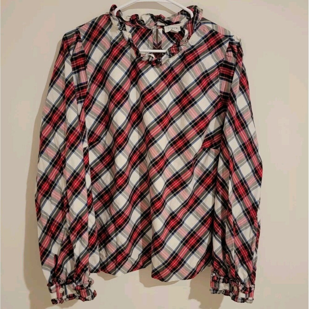 J. Crew Factory White and Red Plaid Ruffle-Neck Blouse